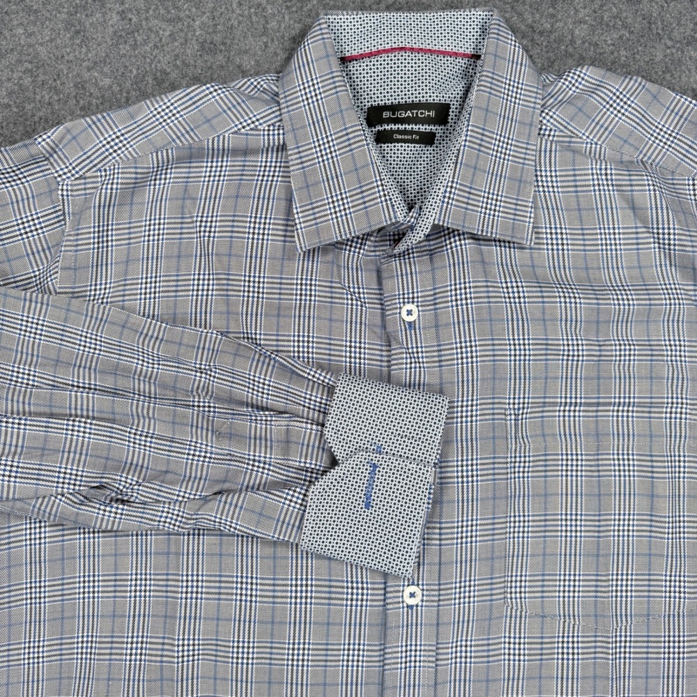 Bugatchi Mens Classic Fit Blue Grey Glen Plaid Cotton Button Down Shirt XL